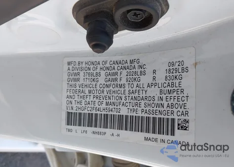 2020 Honda Civic Lx z USA, uszkodzony, nr VIN 2HGFC2F64LH594702